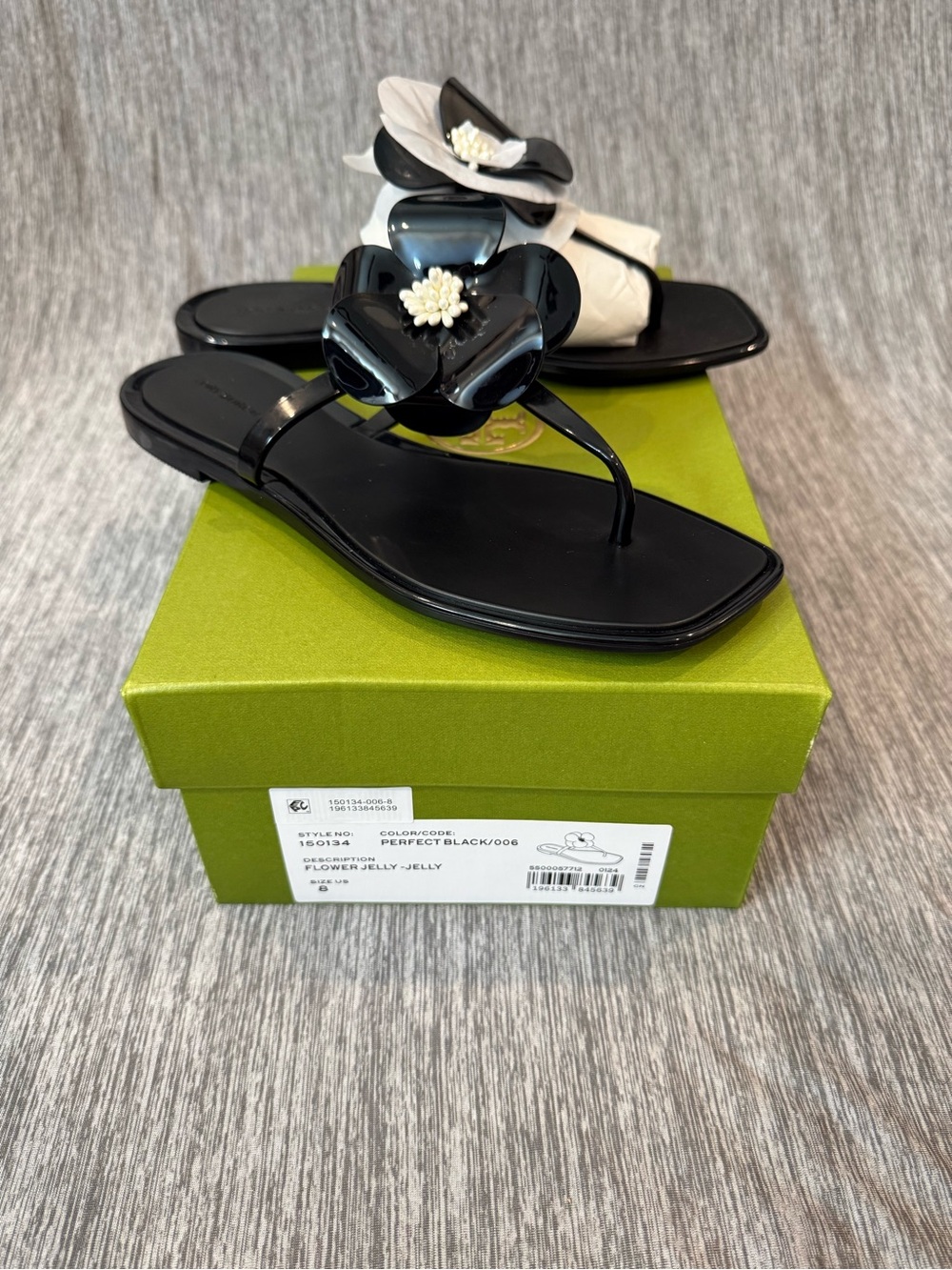 Tory Burch Black Logo Flower Jelly Thong Sandals